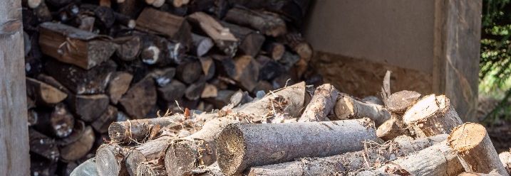 Brennholz in einer Schubkarre vor einem Brennholzunterstand.